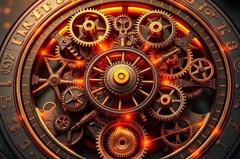 Mecanismo de reloj intrincado con engranajes dorados y hilos de luz conectando puntos, simbolizando los ciclos kármicos y los encuentros predestinados en un diseño cósmico.