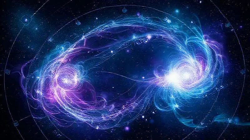 Composición abstracta de líneas luminosas y formas arremolinadas en un fondo cósmico oscuro, sugiriendo las fuerzas invisibles del destino y la atracción magnética entre puntos predestinados.