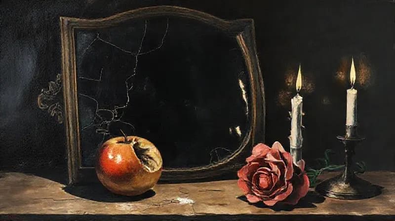 Conceptual art of a cracked mirror reflecting shadows, symbolizing shadow work