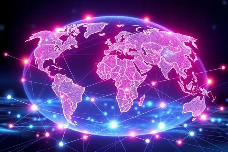 Ilustración vectorial de una red global protegida por un escudo cuántico