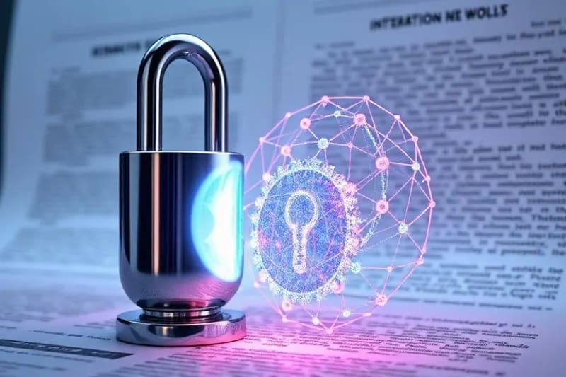 Render 3D de un candado digital con llave cuántica fragmentada
