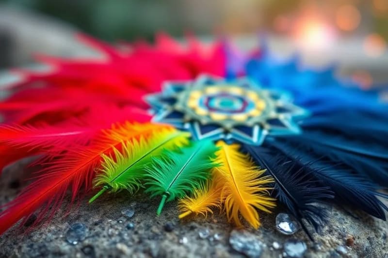 Diversas plumas de colores vibrantes sobre una piedra, con gotas de rocío.