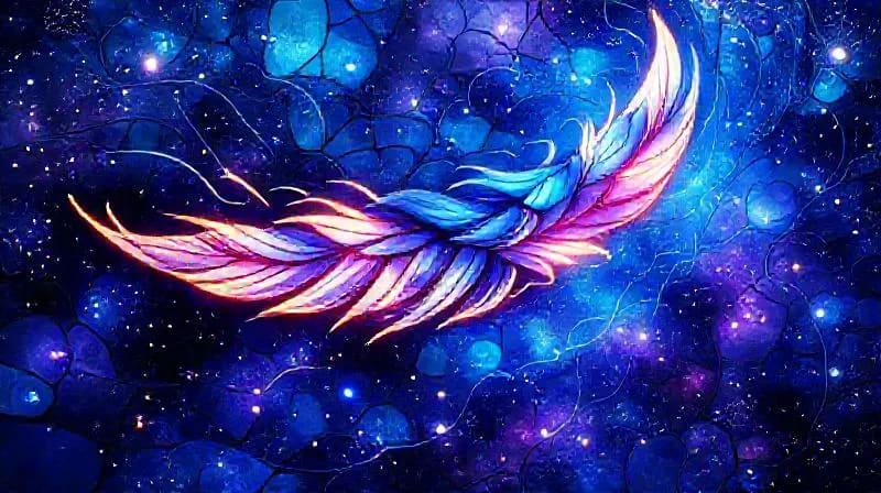 Representación abstracta de plumas luminosas siendo llevadas por el viento cósmico, entre estrellas y nebulosas.