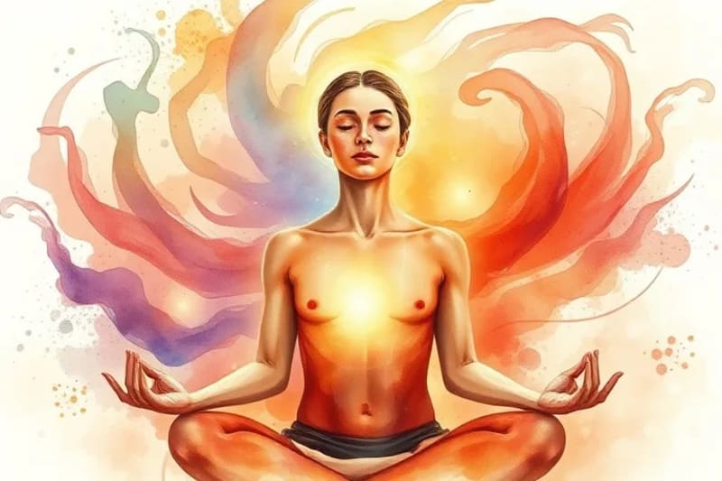 Person meditating with glowing energy patterns