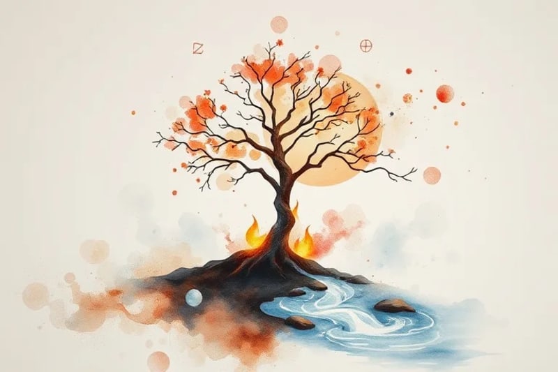 Pintura acuarela que muestra la fusión armónica de los cinco elementos chinos (Madera, Fuego, Tierra, Metal, Agua) con los cuatro elementos occidentales (Fuego, Tierra, Aire, Agua).