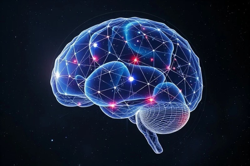 3D render of a holographic human brain overlaid with a star chart, showing quantum particle flow between neural pathways and celestial bodies.