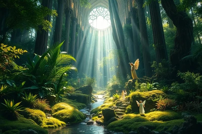 Bosque exuberante y revitalizado con sutiles figuras angélicas entre la flora, simbolizando la sanación y el cuidado divino de la naturaleza.