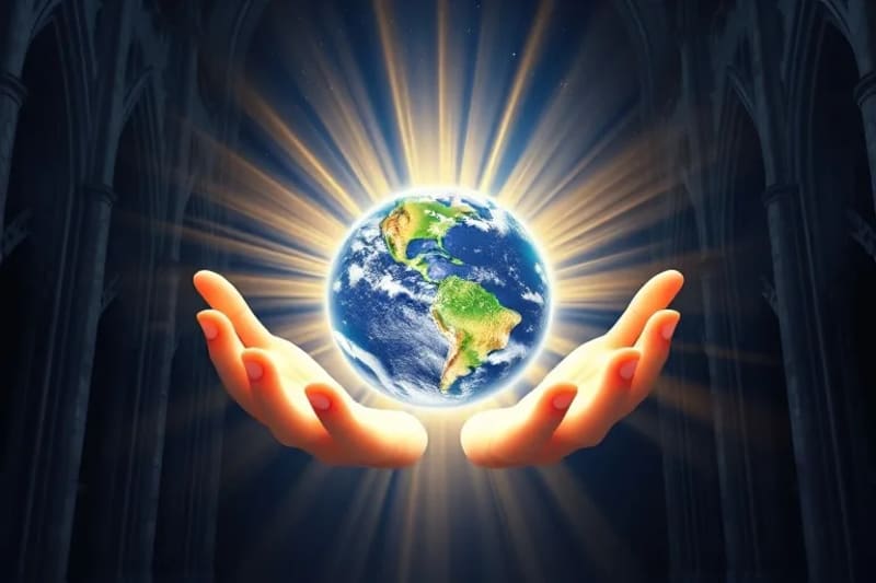 Esfera terrestre estilizada, envuelta en manos de energía luminosa que irradian luz sanadora, simbolizando la protección y restauración divina del planeta.