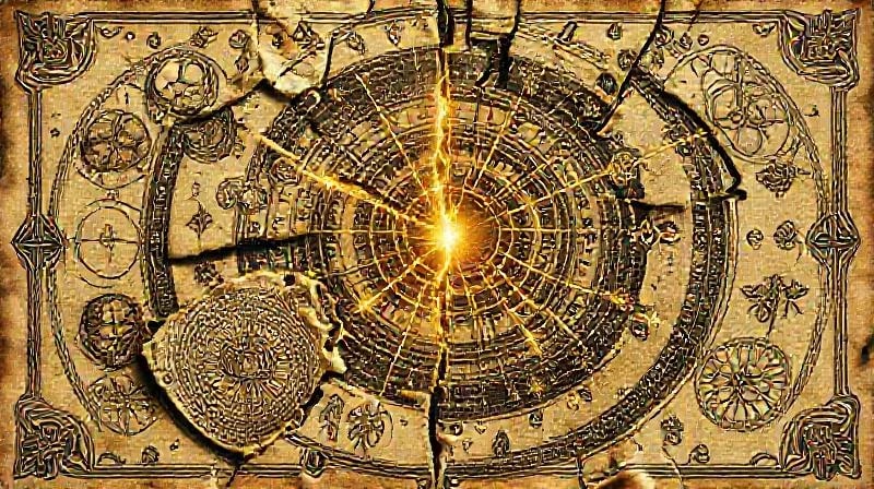 A digital painting of fragmented ancient scrolls with astrological symbols reassembling, golden light threads mending them, symbolizing karmic rectification and past life healing.