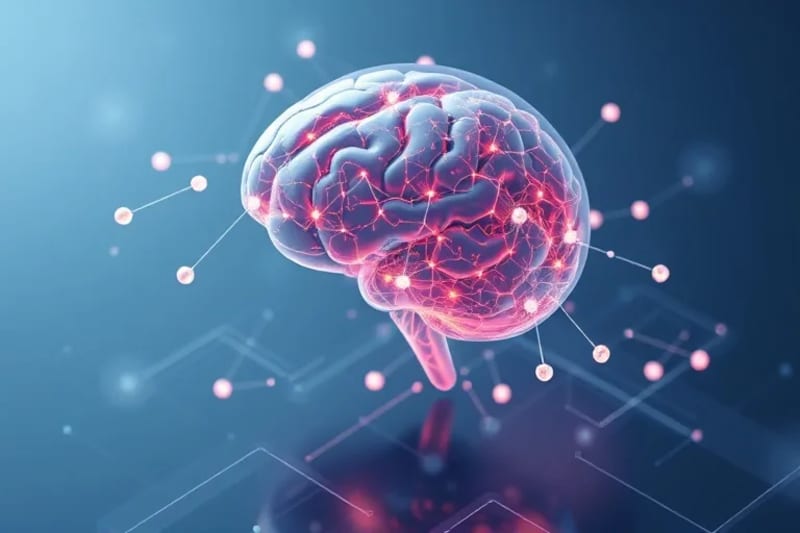 A stylized brain with interconnected digital nodes and data streams, representing the complex ethical and technical considerations in advanced therapeutic technologies.
