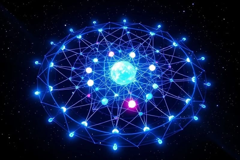 Red compleja de vías energéticas luminosas, similar a redes neuronales y cósmicas, con nodos pulsantes que simbolizan el potencial desbloqueado.