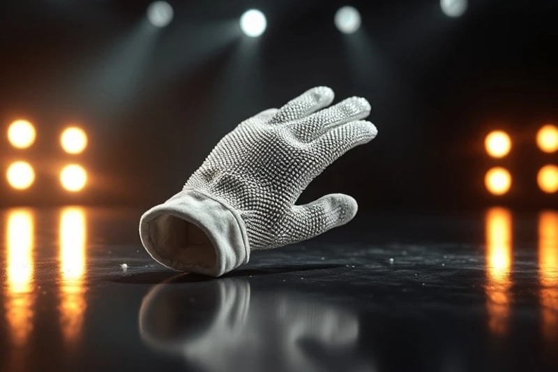 Primer plano de un guante blanco con lentejuelas sobre una superficie oscura, capturando la luz de forma dramática y evocando la presencia de un icono musical.
