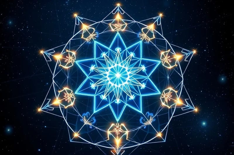 Abstract 3D render of interconnected geometric shapes forming a cosmic web with glowing nodes representing the 12 Chinese zodiac animals, each radiating unique color.