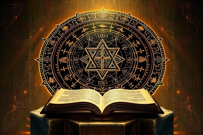 Una compleja estructura tipo mandala compuesta por símbolos bíblicos entrelazados (pez, cordero, cruz, estrella de David) y símbolos junguianos (uróboros, árbol de la vida, laberinto).