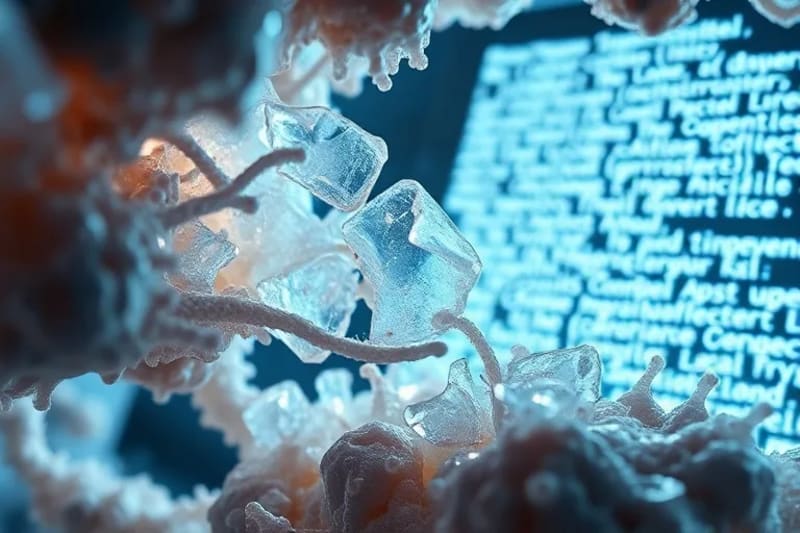 Intrincadas estructuras biológicas alienígenas bajo un microscopio, con un sutil código legal de fondo