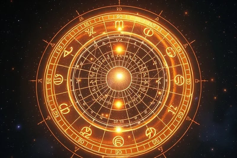A 3D render of a glowing natal chart with small orbs representing gem elixirs placed on specific astrological points.