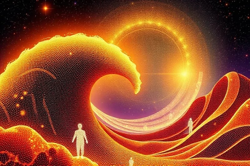 Pintura digital estilizada de civilizaciones ascendiendo y cayendo como olas energéticas, con figuras humanas etéreas integradas en los patrones, simbolizando la evolución cíclica de la historia.