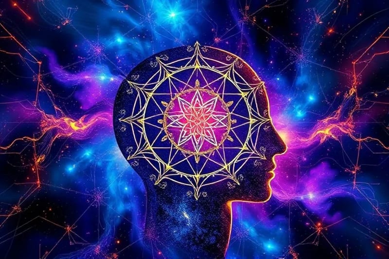 Visualización de datos abstracta que representa patrones y correlaciones dentro de una red neuronal, con elementos astrológicos sutilmente integrados, simbolizando el análisis de la IA.