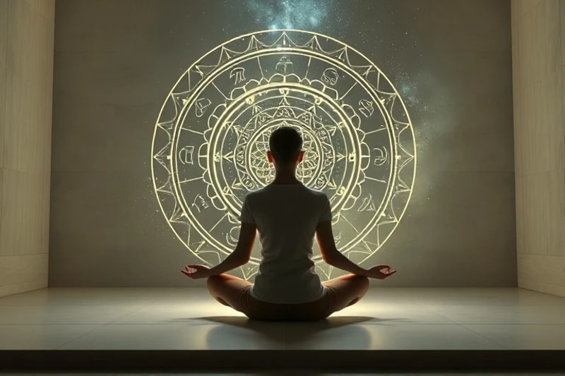 Representación artística de una persona meditando, con un aura luminosa y sutiles elementos tecnológicos que la rodean, simbolizando la integración armoniosa y ética de la IA en el crecimiento personal.