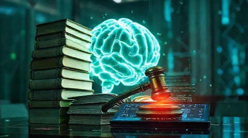 Digital painting of legal tomes and a glowing AI brain, symbolizing the clash between law and technology