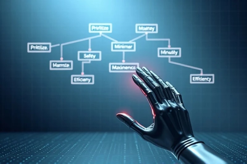 3D render of a decision tree with abstract hands hovering over a critical node, representing ethical choices