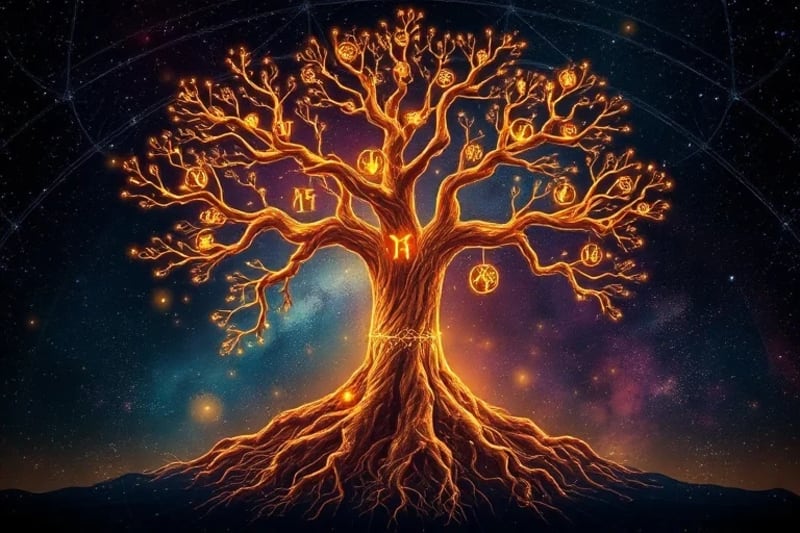 Árbol genealógico estilizado con símbolos astrológicos y luz curativa