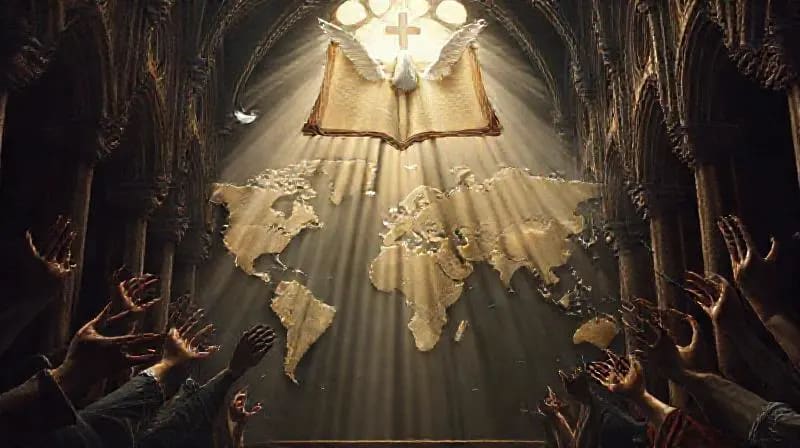 Mapa geopolítico fragmentándose con manos simbólicas y un pergamino antiguo emitiendo luz.