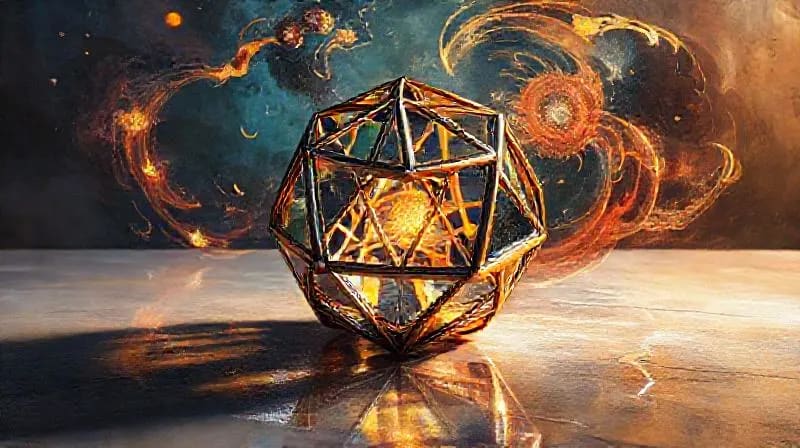 3D render of an Icosahedron with swirling elemental symbols, representing cosmic order