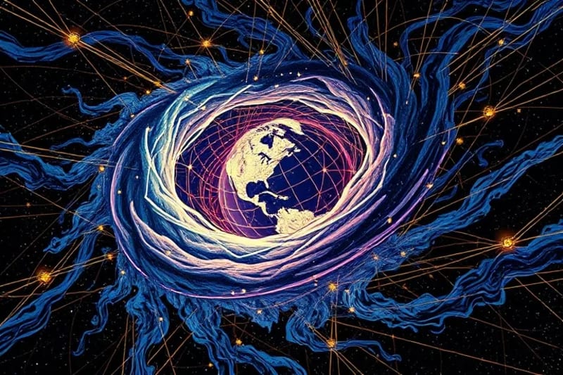 Representación abstracta de energía y datos convergiendo en un vórtice sobre un globo, simbolizando el orden divino.