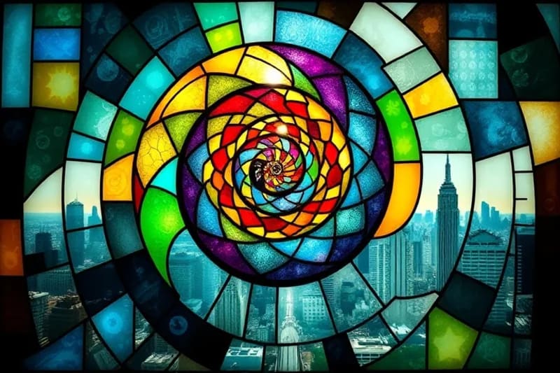 Abstract vector art of Golden Ratio spiral transforming into a fractal within a futuristic cityscape