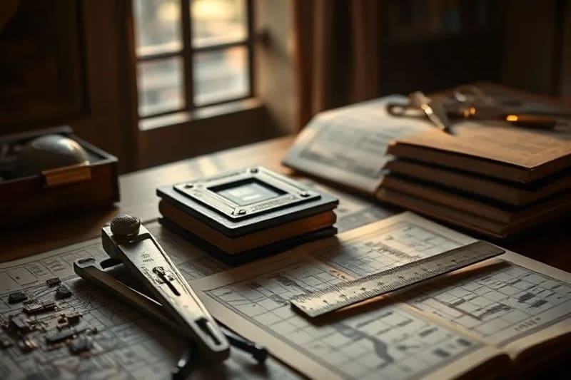 Oil painting of an architect's desk with geometric sketches of temples and cathedrals