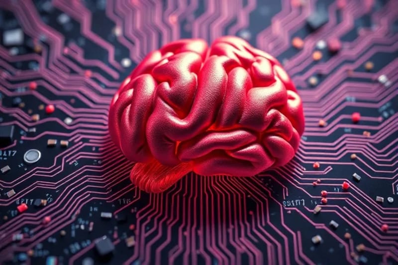 Representación estilizada de un cerebro digital conectado a documentos legales y un símbolo de copyright.
