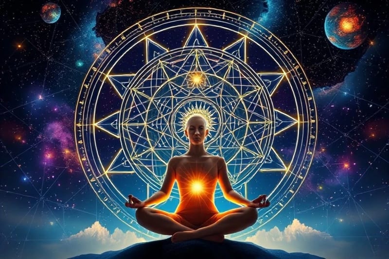 Persona meditando bajo el cielo estrellado y líneas de energía
