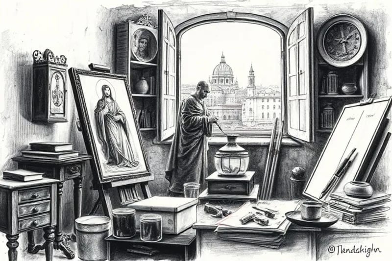 Pintor renacentista creando obra devocional