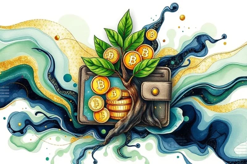 Digital wallet with crypto coins and green leaves