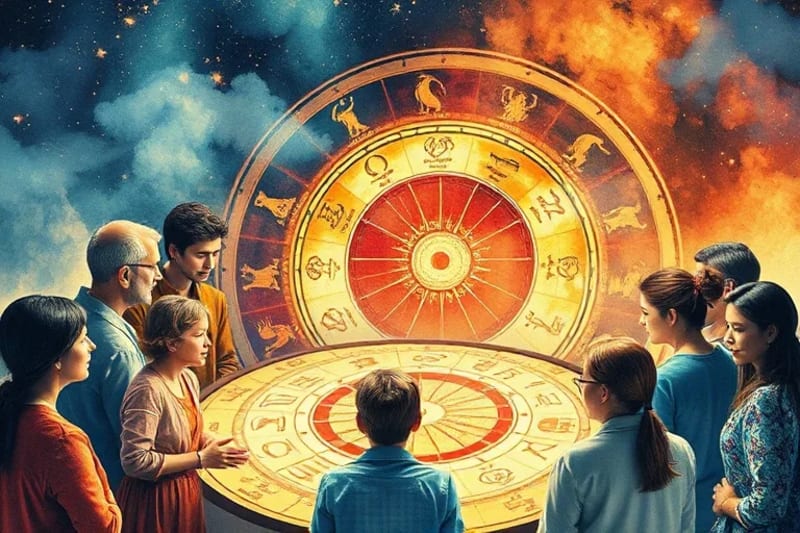 Watercolor painting of diverse people interacting with glowing digital interfaces displaying astrological symbols and data