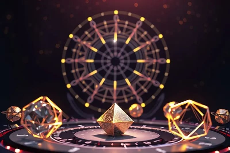 Abstract 3D render of interconnected glowing nodes and data streams forming a complex network against a cosmic background