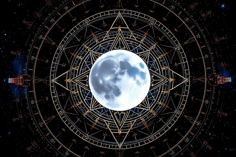 3D render of a cosmic mechanism with a moon connecting to abstract emotional symbols.