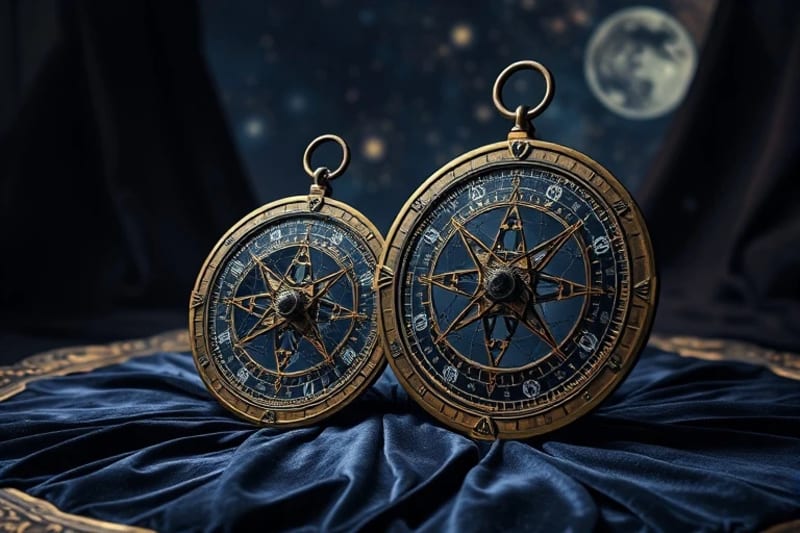 Conceptual still life of two antique astrolabes connected by glowing threads