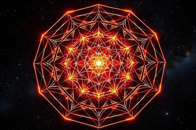 Abstract 3D render of interlocking geometric shapes and crystalline structures