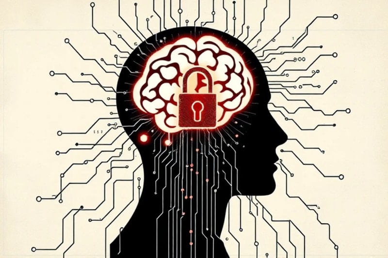 Human silhouette with glowing brain and digital protection