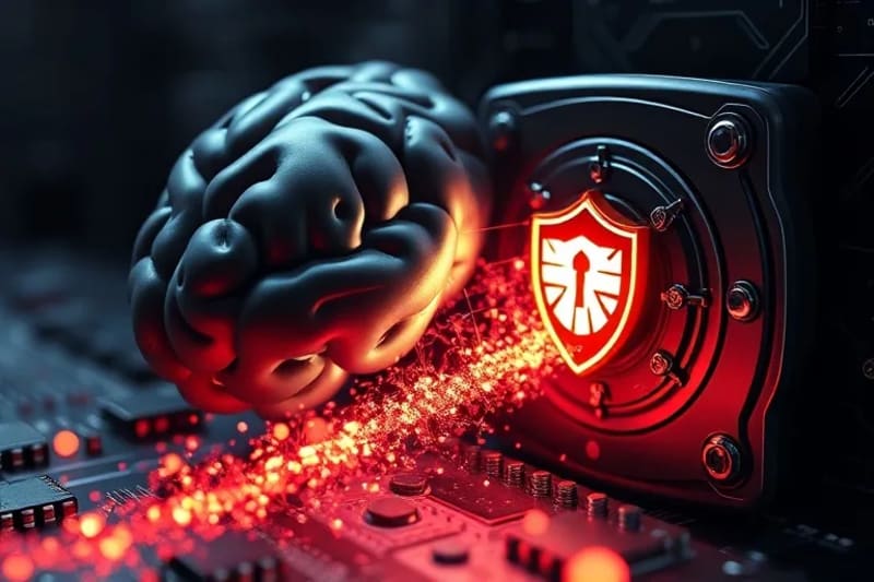 Brain data flowing into a secure, encrypted vault with cryptographic symbols