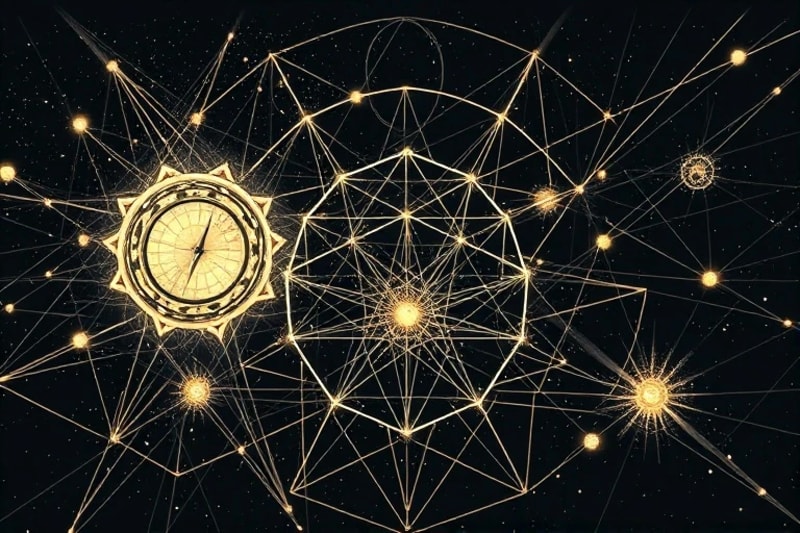 Red de influencias astrales con orbes y líneas de energía