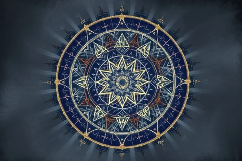 An intricate mandala of astrological and esoteric symbols, with subtle visual cues of perfect alignment and connection, representing synchronicity.