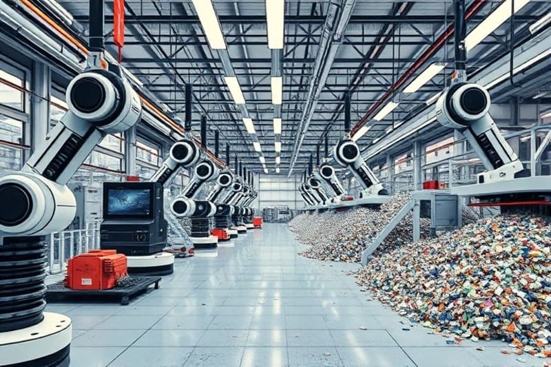 Fábrica futurista de reciclaje textil con brazos robóticos