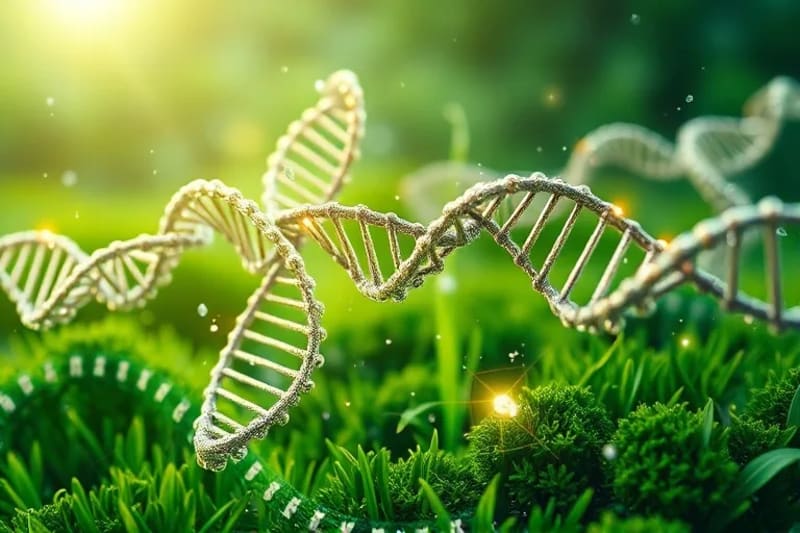 ADN entrelazado con gráficos económicos y plantas verdes, simbolizando la fusión de la biología y los negocios sostenibles.