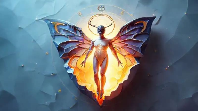 Human figure emerging from a chrysalis surrounded by astrological glyphs