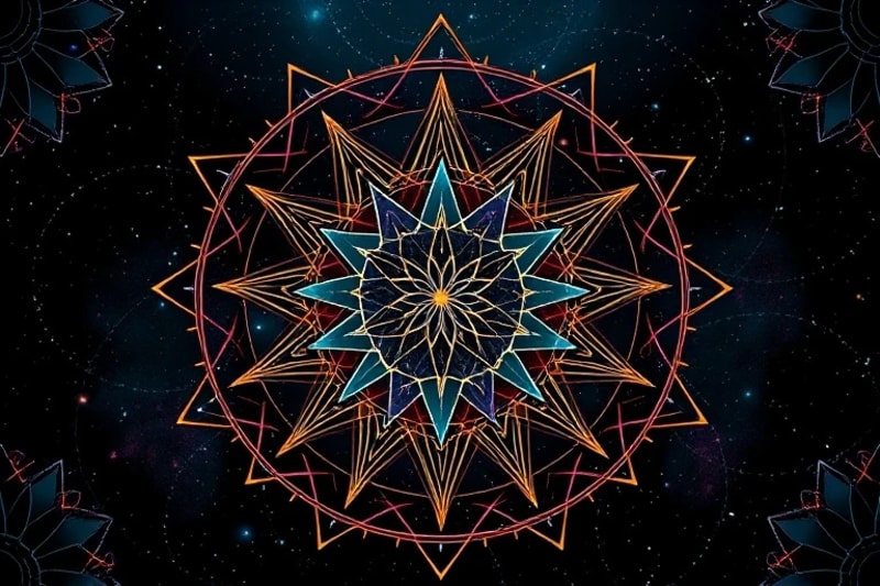 Abstract vector art of intersecting geometric shapes and lines representing planetary orbits
