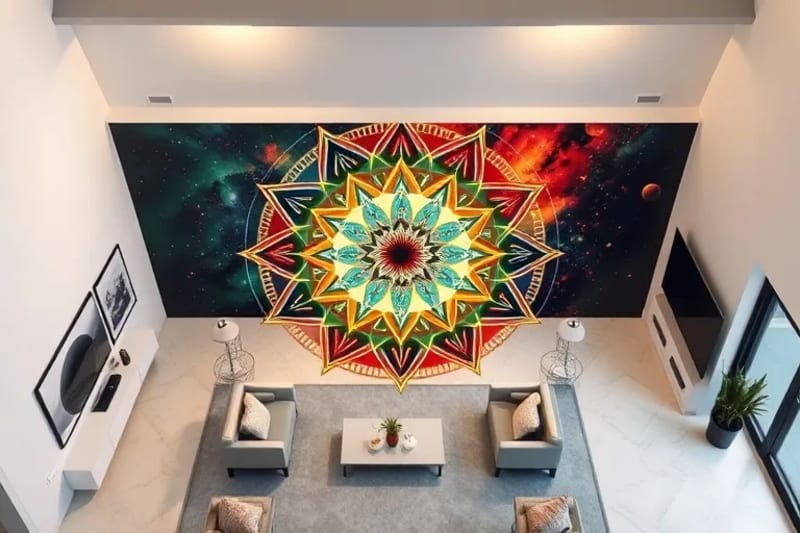 Vista aérea de un espacio moderno y minimalista, con la disposición de muebles y objetos siguiendo los principios del Feng Shui para equilibrar los cinco elementos.