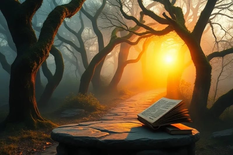 Sendero en bosque al amanecer